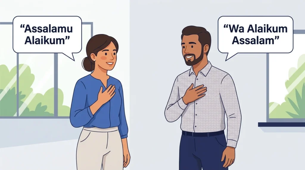 Two people exchanging Assalamu Alaikum and Wa Alaikum Assalam in speech bubbles.