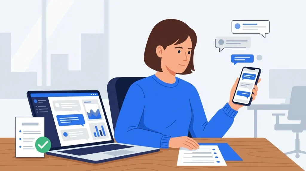 Customer support worker reviewing text messages and a checklist.