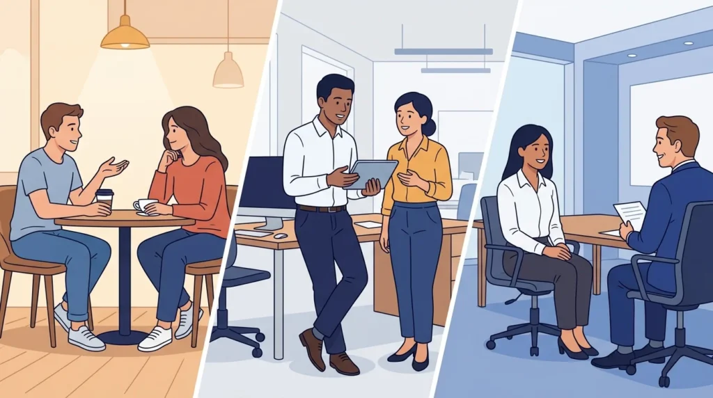 Friends, coworkers, and a job candidate sharing honest responses.
