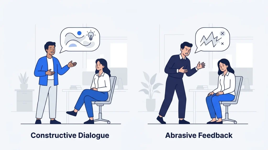 Comparison of respectful feedback and harsh communication.