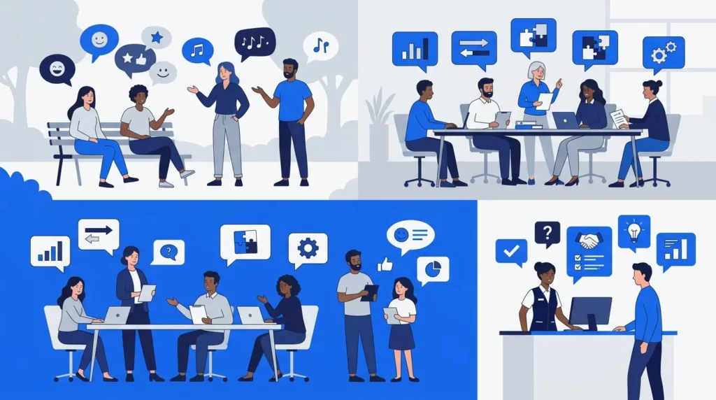 Three communication settings showing casual, workplace, and customer conversations.