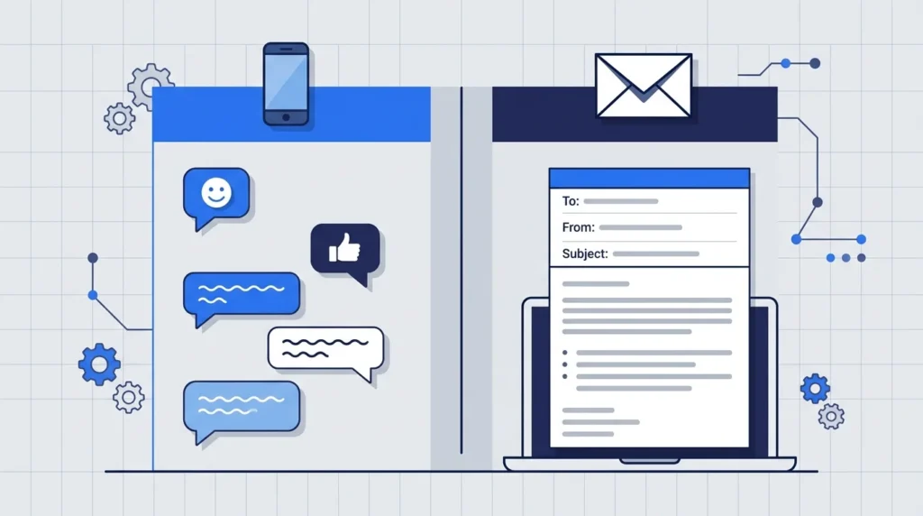 Illustration comparing casual text messages and professional email replies.