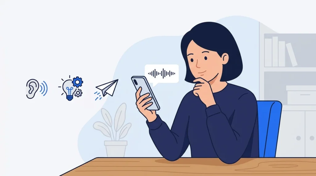 Person thinking about a reply to a voice message on a smartphone.