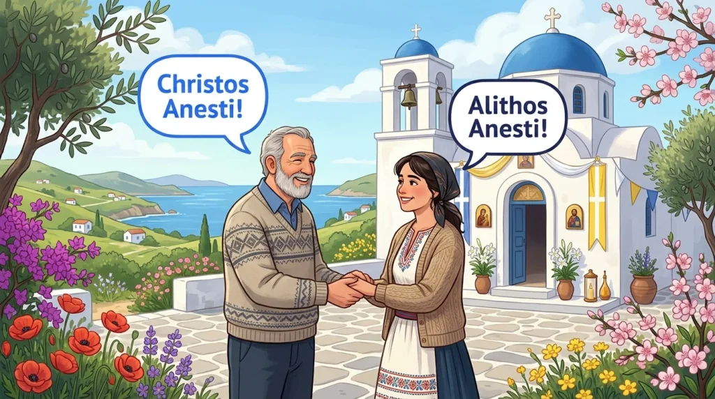 Two people exchanging Christos Anesti and Alithos Anesti Easter greetings.