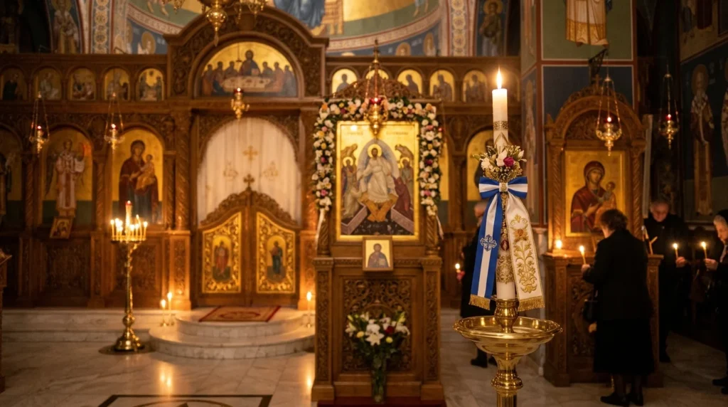Greek Orthodox church interior with candles and Easter decorations.