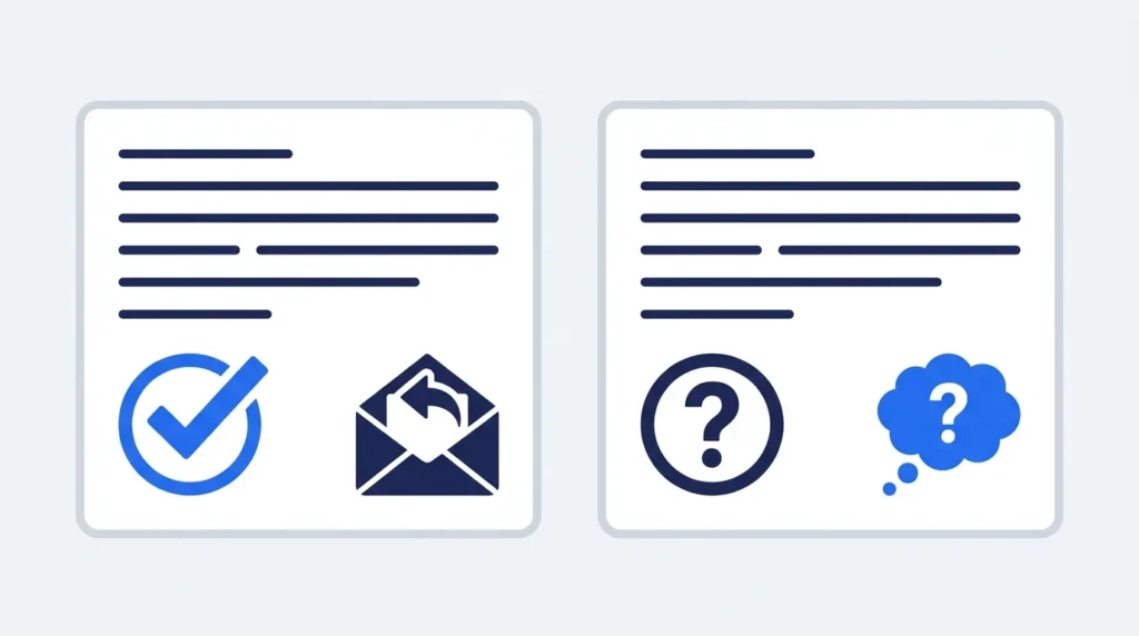 Two email cards comparing a clear request with a vague email ending.