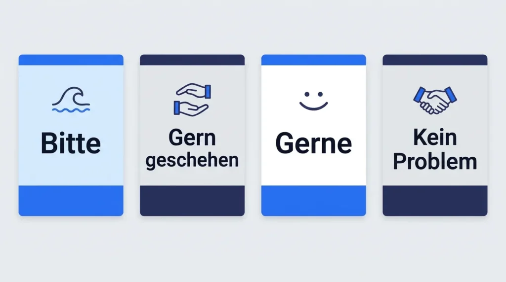 Four German replies to Danke: Bitte, Gern geschehen, Gerne, and Kein Problem.