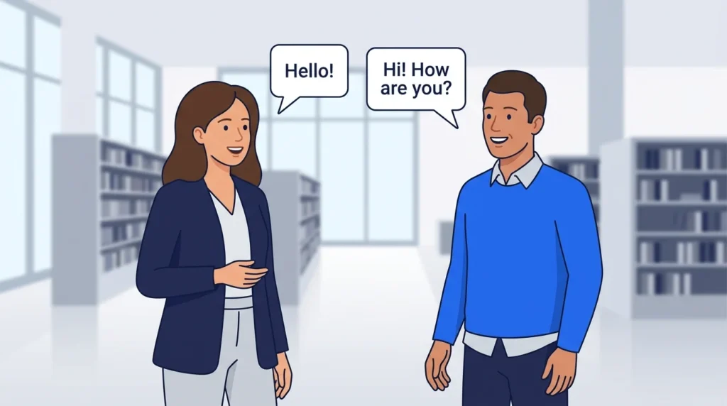 Two adults greeting each other with friendly smiles and speech bubbles.