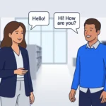 Two adults greeting each other with friendly smiles and speech bubbles.