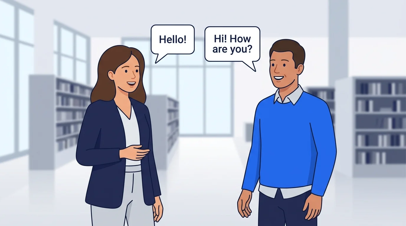 Two adults greeting each other with friendly smiles and speech bubbles.