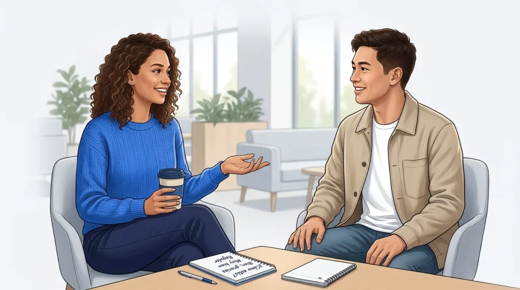 Two people greeting each other during a friendly Spanish conversation.