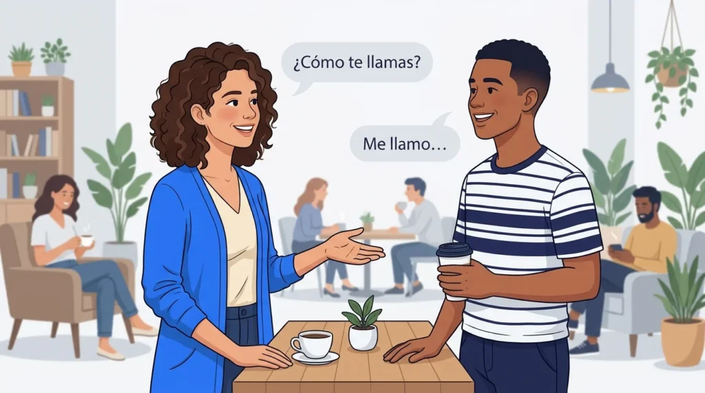 Two people introducing themselves with Spanish greetings in speech bubbles.