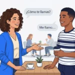 Two people introducing themselves with Spanish greetings in speech bubbles.
