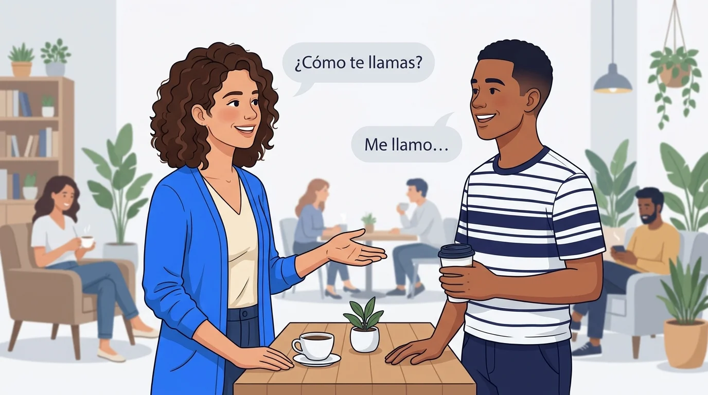 Two people introducing themselves with Spanish greetings in speech bubbles.