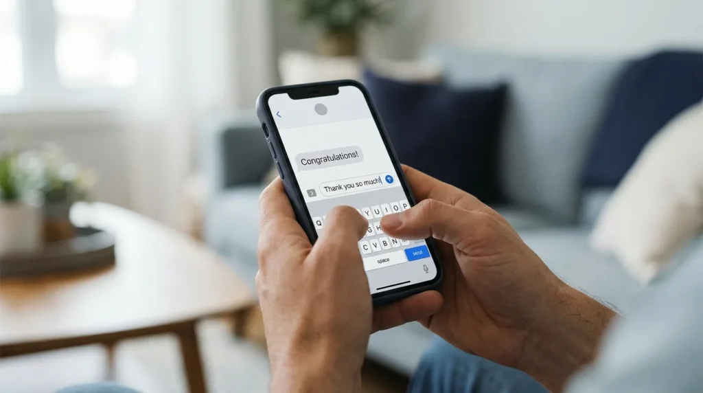 Smartphone showing a congratulations message and a short thank-you reply.