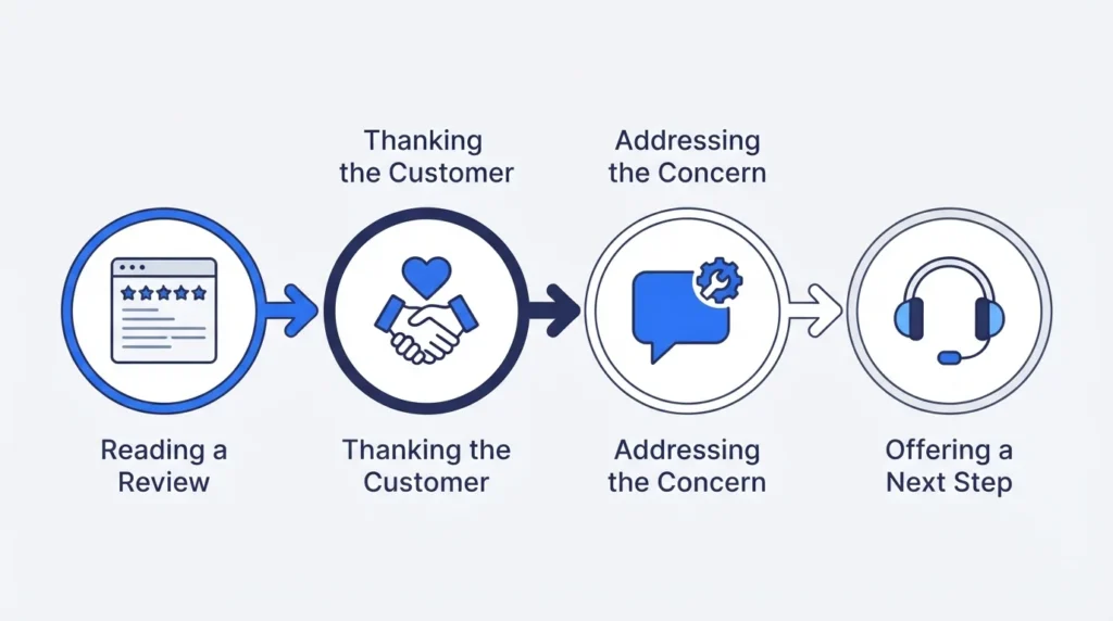 Four-step visual process for reading, thanking, replying, and offering customer support.
