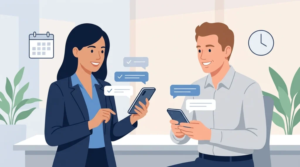 Two coworkers with smartphones, a calendar, and a clock symbol representing clear communication expectations.
