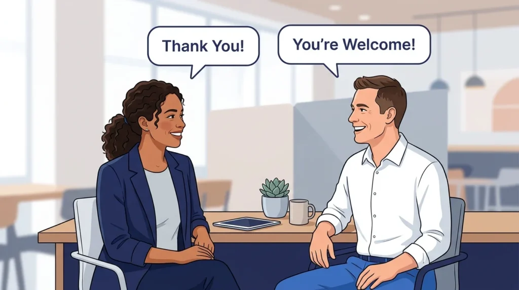 Two people smiling and exchanging thank-you and you're welcome phrases.