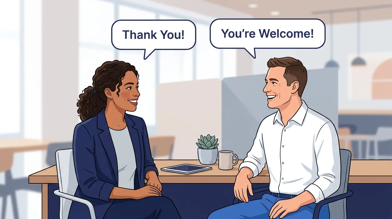 Two people smiling and exchanging thank-you and you're welcome phrases.
