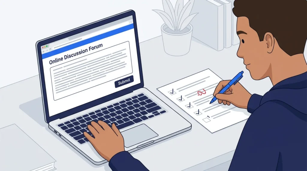 Student reviewing an online discussion reply with a checklist before submission.