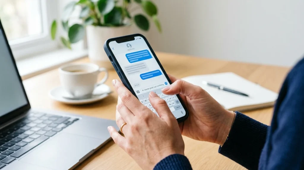 Laptop and smartphone showing professional email and message responses.