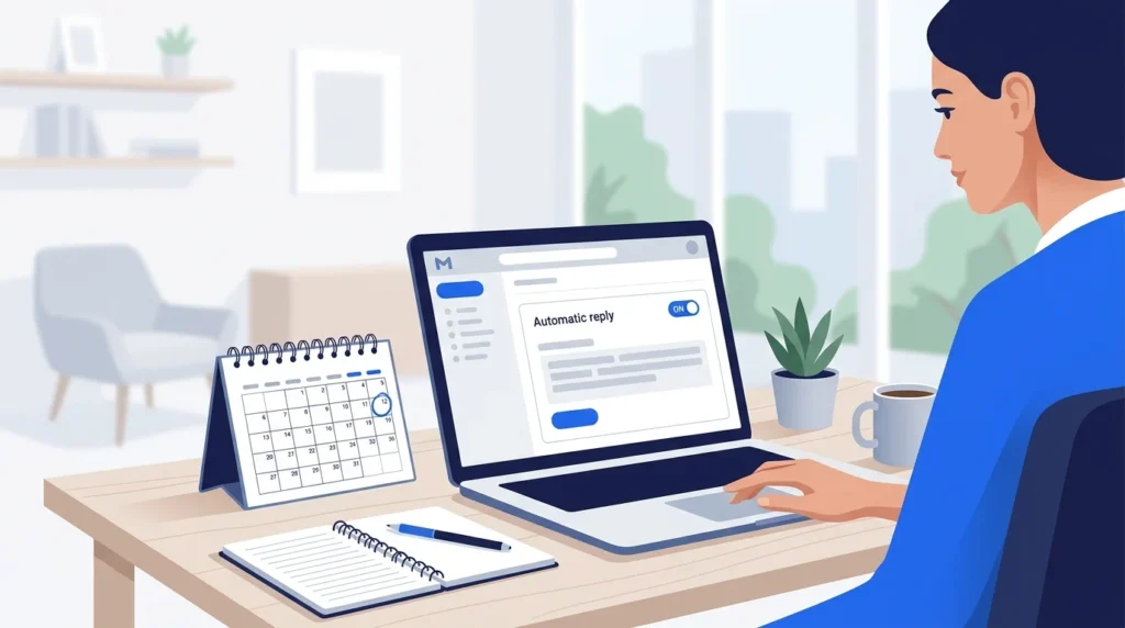 Laptop with email settings and a calendar showing a selected return date.