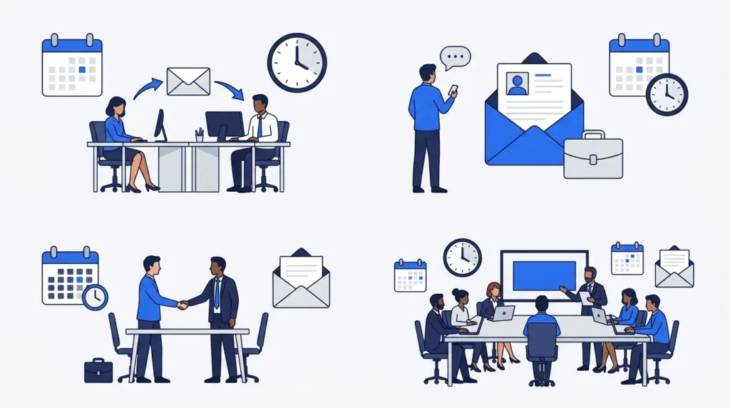 Illustration showing email follow-up situations for work, job applications, interviews, and meetings.