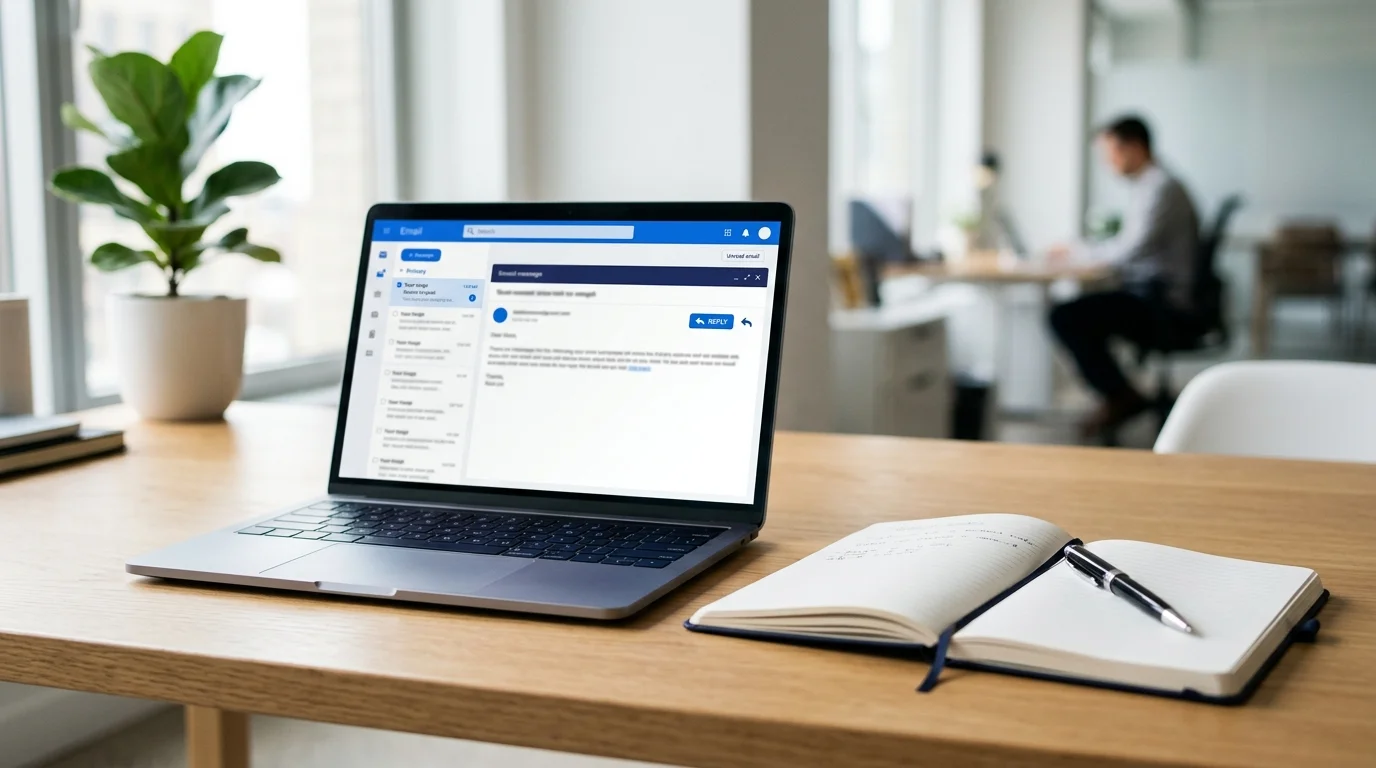 Laptop displaying an email interface on a professional office desk.
