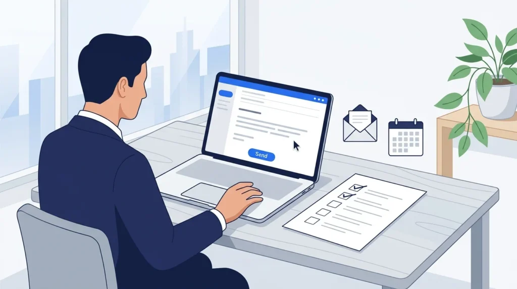 Laptop and checklist used to review a follow-up email before sending.