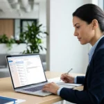 Professional reviewing a follow-up email on a laptop.