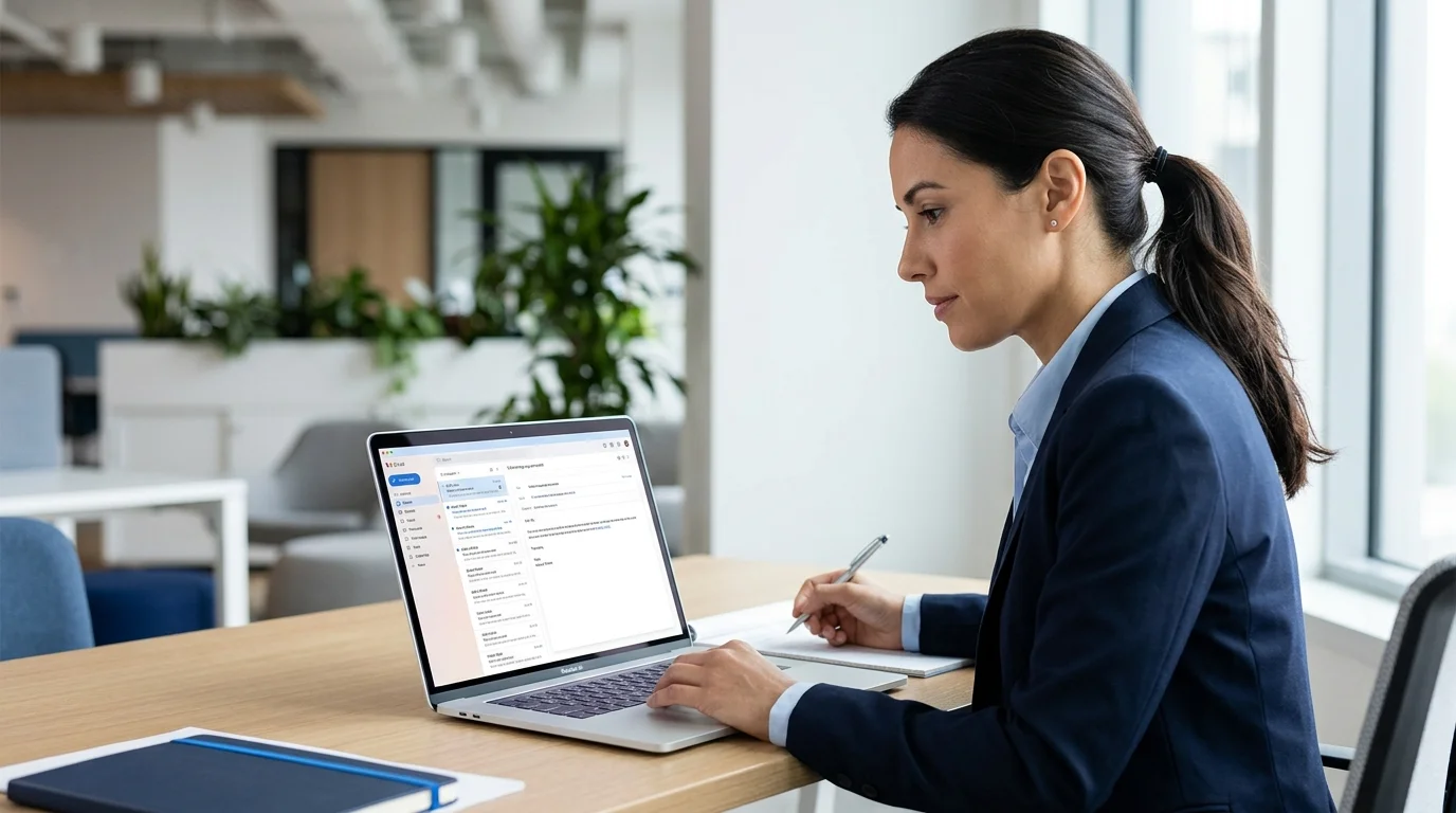 Professional reviewing a follow-up email on a laptop.
