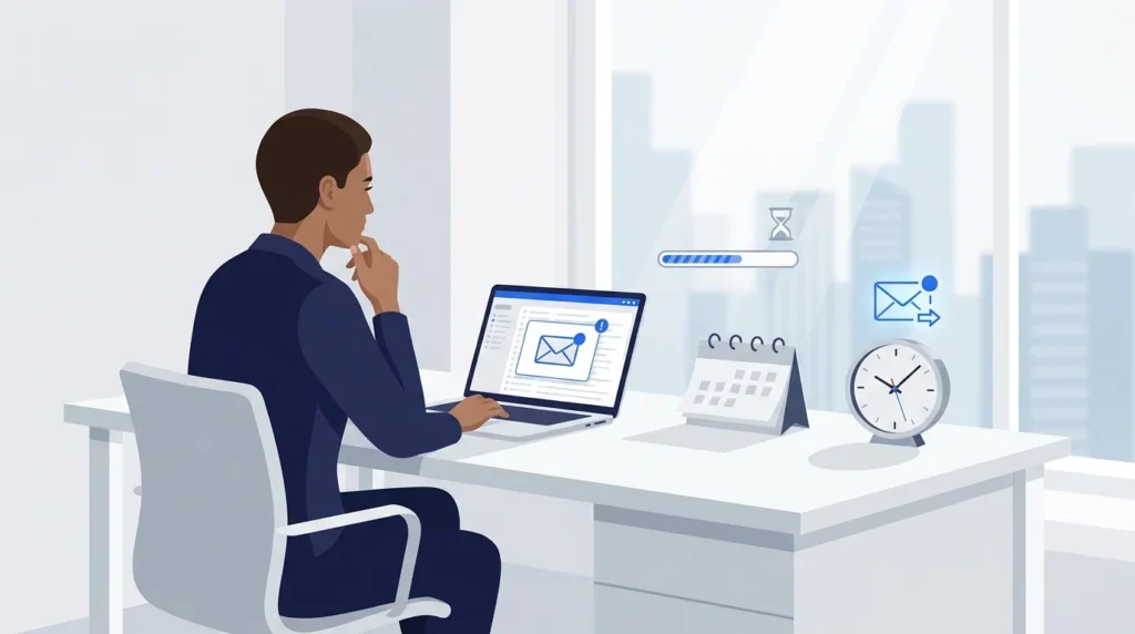 Professional reviewing an email while checking a calendar and clock.