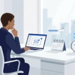 Professional reviewing an email while checking a calendar and clock.