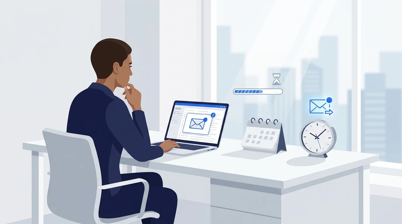 Professional reviewing an email while checking a calendar and clock.