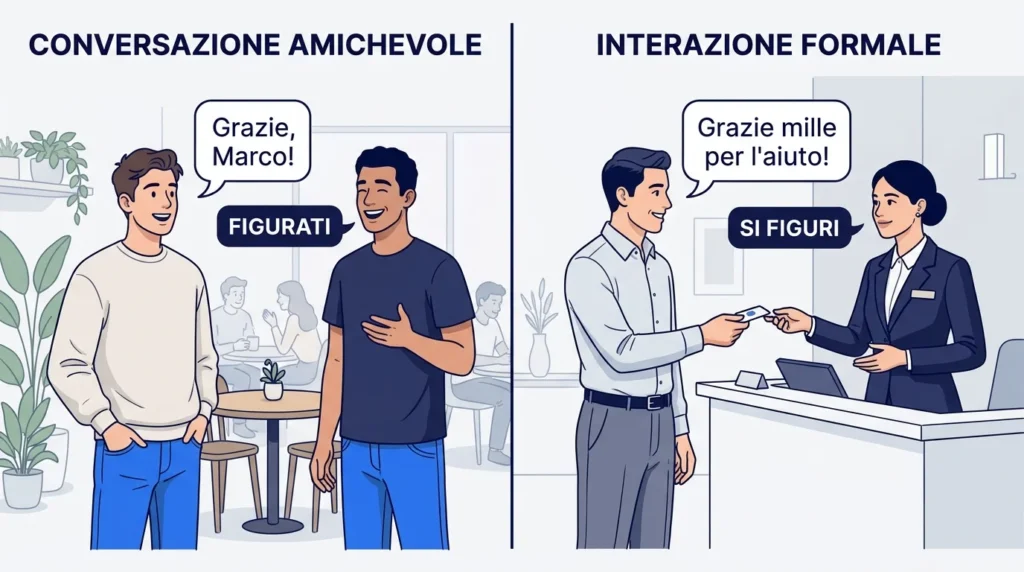 Casual friends and a service worker illustrating figurati and si figuri.
