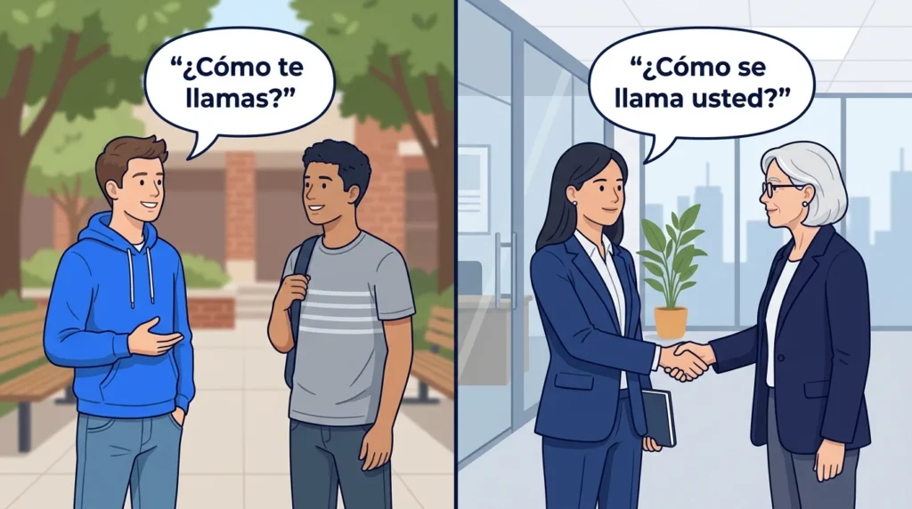 Casual and formal Spanish introductions shown in a classroom and workplace.