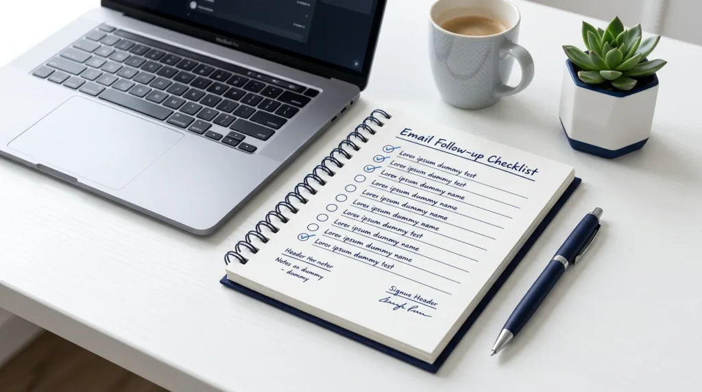 Notebook checklist and laptop on a professional office desk.