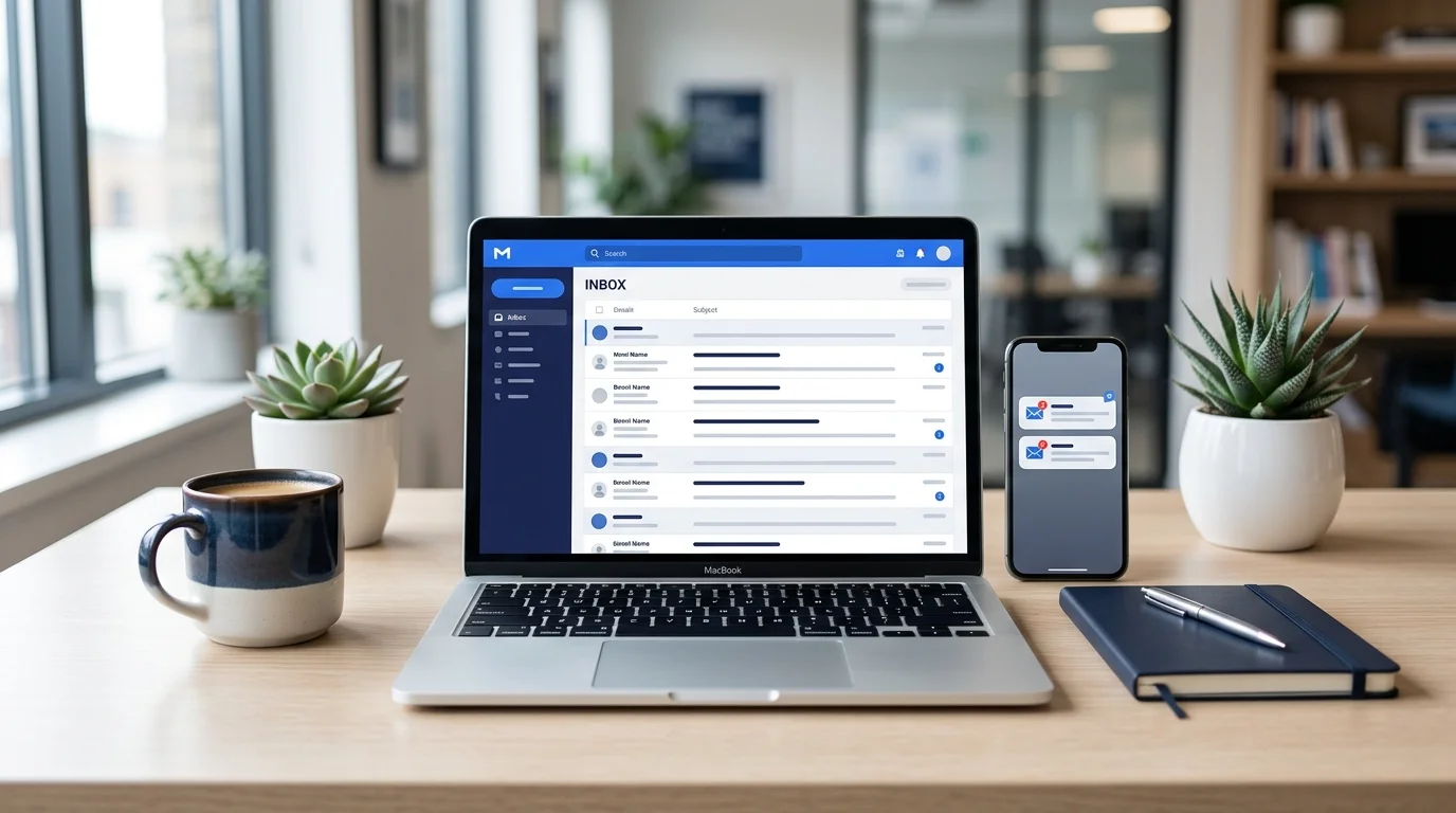 Laptop and smartphone displaying email and message notifications.