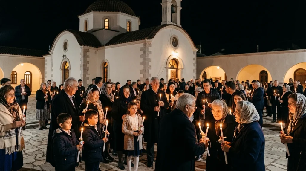 People holding lit candles during a Greek Orthodox Easter celebration outside a church.