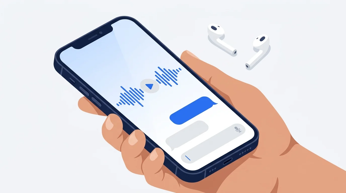 Smartphone displaying an audio message waveform and chat bubbles.