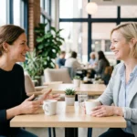 Two friends smiling during a friendly exchange of compliments at a cafe.