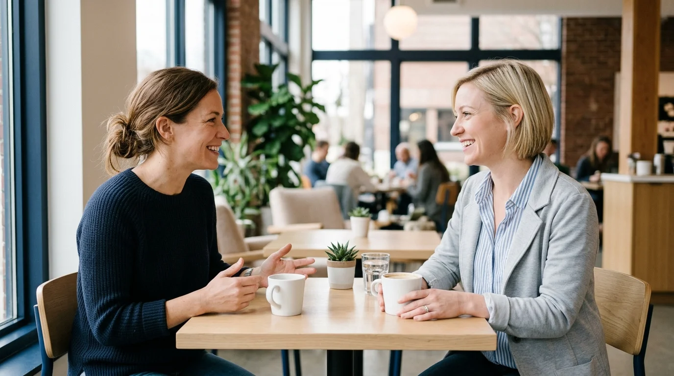 Two friends smiling during a friendly exchange of compliments at a cafe.