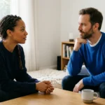 Two friends having a calm conversation after an apology.
