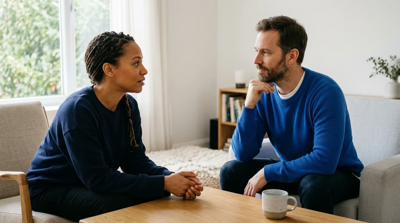 Two friends having a calm conversation after an apology.