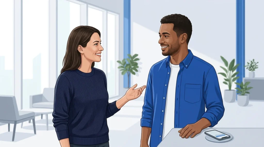 Two people sharing congratulations and responding with gratitude.