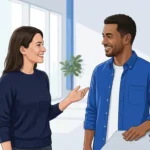 Two people sharing congratulations and responding with gratitude.