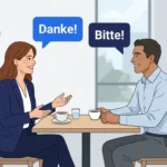 Two people exchanging Danke and Bitte during a friendly conversation.