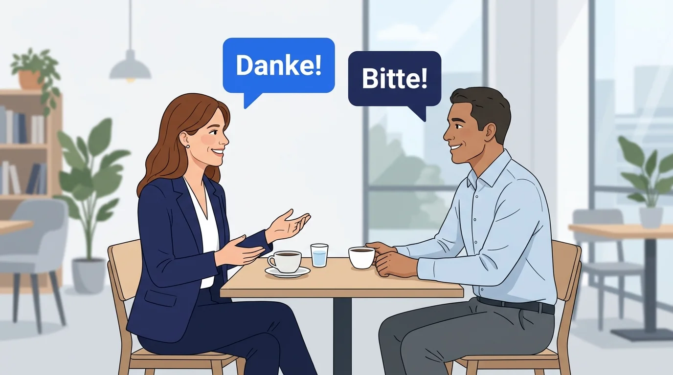Two people exchanging Danke and Bitte during a friendly conversation.