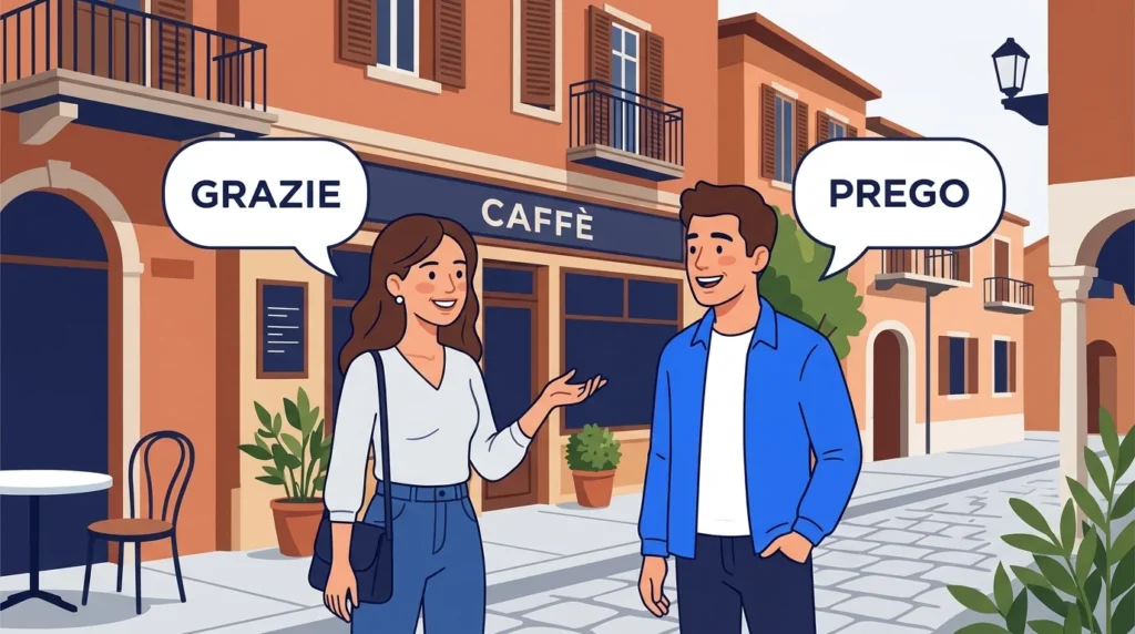 wo people exchanging grazie and prego in an Italian conversation.