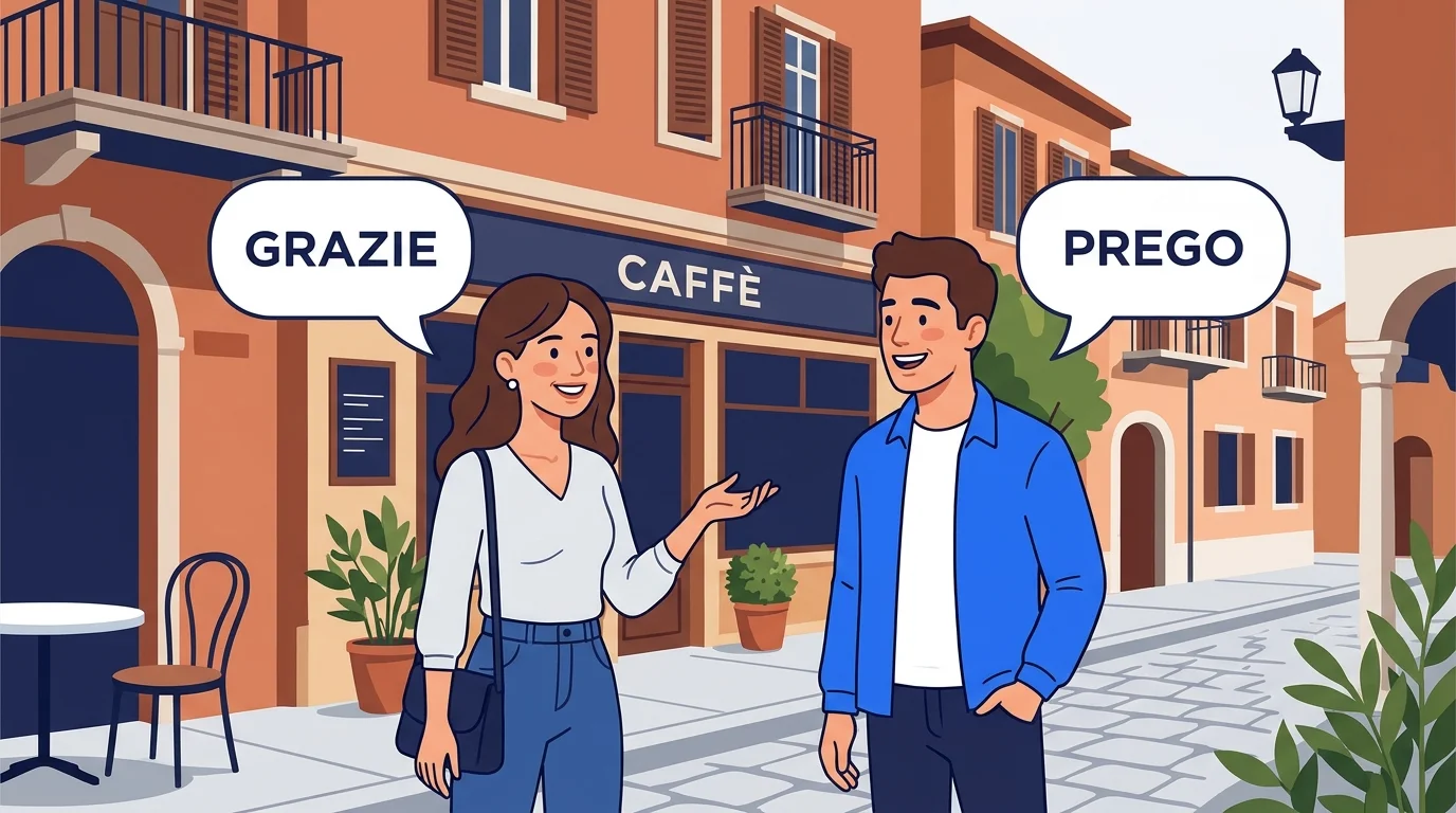 wo people exchanging grazie and prego in an Italian conversation.